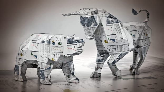 Low poly bull and bear standing on finance newspaper page. 3D illustration.