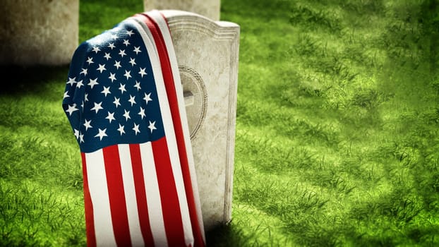 American flag on gravestone in veterans cemetery. 3D illustration.
