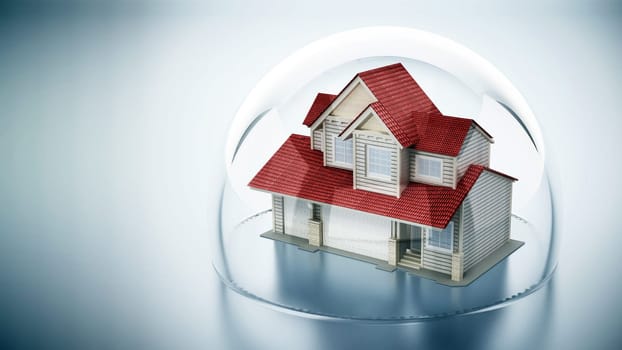 House model protected by glass sphere. Insurance and safety concept. 3D illustration.