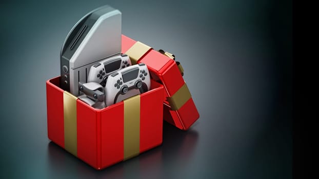 Generic video game console and controllers inside giftbox. 3D illustration.