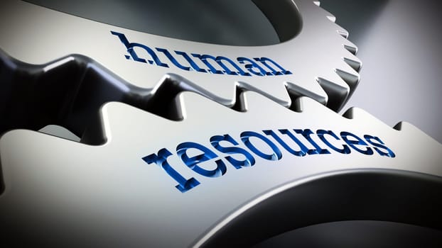 Two gears in motion with human resources text. 3D illustration.