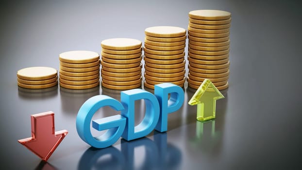 GDP word, rising and falling arrows and coins. Gross domestic product concept. 3D illustration.