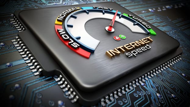 Internet speed dial on computer chip standing on blue PCB. 3D illustration.