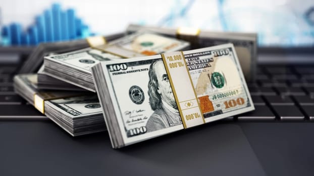 Dollar bills standing on laptop keyboard. 3D illustration.