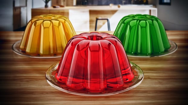 Jelly in the plate standing on the kitchen table. 3D illustration.