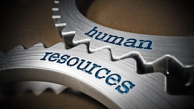 Two gears in motion with human resources text. 3D illustration.