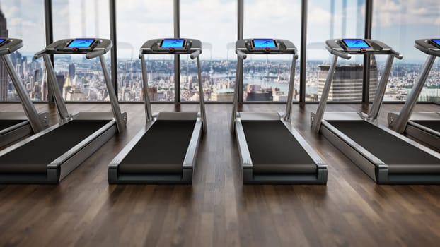 Treadmills inside a sports center in upper floors. 3D illustration.