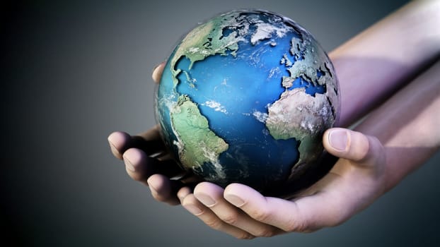 Hands holding a globe against dark background. 3D illustration.
