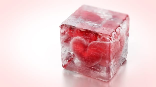 Red heart inside frozen ice cube. 3D illustration.