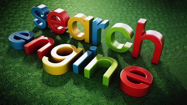 Search engine text standing on green PCB texture. 3D illustration.