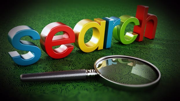 Search engine text and magnifying glass standing on green PCB texture. 3D illustration.