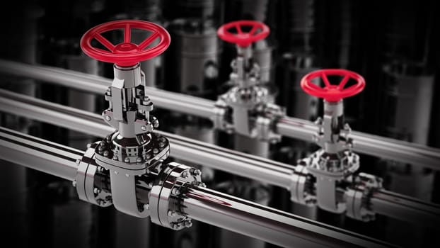 Oil pipes with yellow valves against black oil drums background. 3D illustration.
