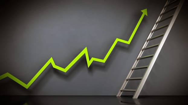 Rising sales arrow leading to the ladder. Business and marketing concept. 3D illustration.