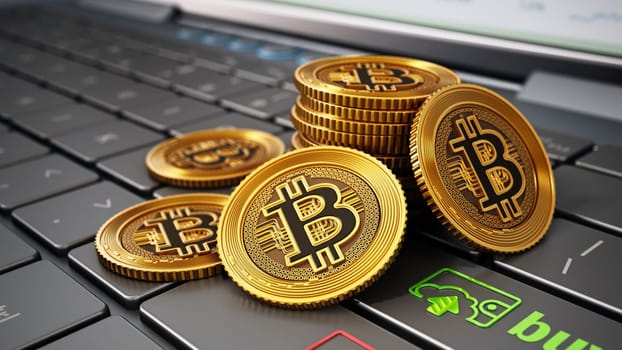 Generic crypto currency coins, buy and sell icons standing on laptop computer keyboard. 3D illustration.