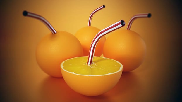 Whole and half cut oranges with straws isolated on orange background. 3D illustration.
