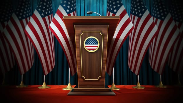 Group of American flags standing next to lectern in the conference hall. 3D illustration.
