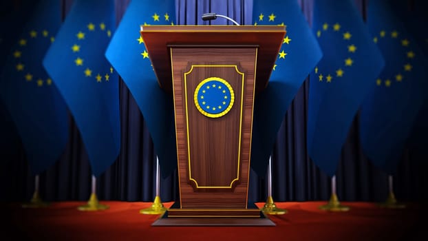 Group of European Union flags standing next to lectern in the conference hall. 3D illustration.