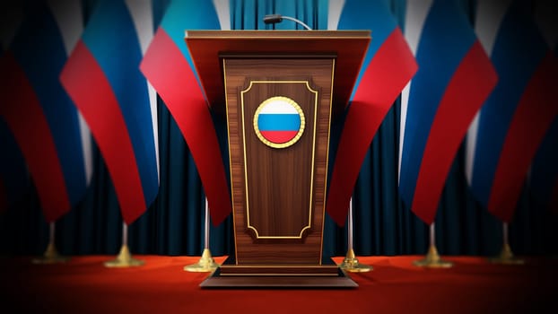 Group of Russian flags standing next to lectern in the conference hall. 3D illustration.