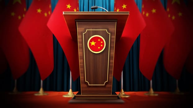 Group of Chinese flags standing next to lectern in the conference hall. 3D illustration.
