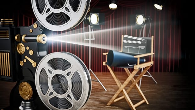 Vintage camera, director's chair, clapperboard and horn in studio. 3D illustration.