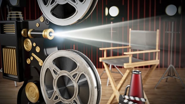 Vintage camera, director's chair, clapperboard and horn in studio. 3D illustration.