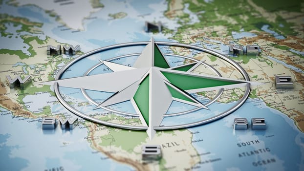 Vintage compass symbol showing the directions on the world map. 3D illustration.