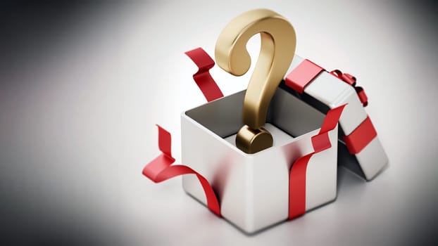 Gold question mark inside open giftbox. 3D illustration.