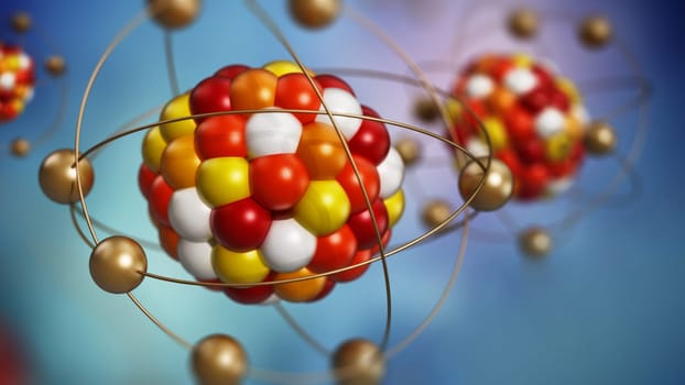 Abstract molecule model consisting of colored spheres. 3D illustration.