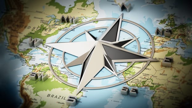 Vintage compass symbol showing the directions on the world map. 3D illustration.