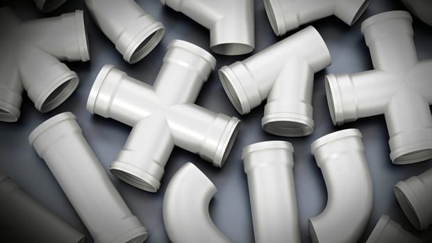 PVC water tube connection parts on gray background. 3D illustration.