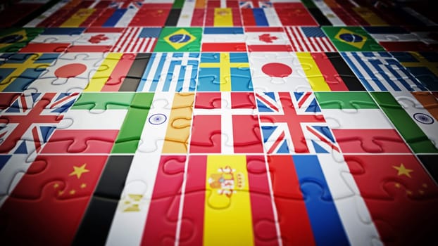 Country flags on jigsaw puzzle pieces. 3D illustration.