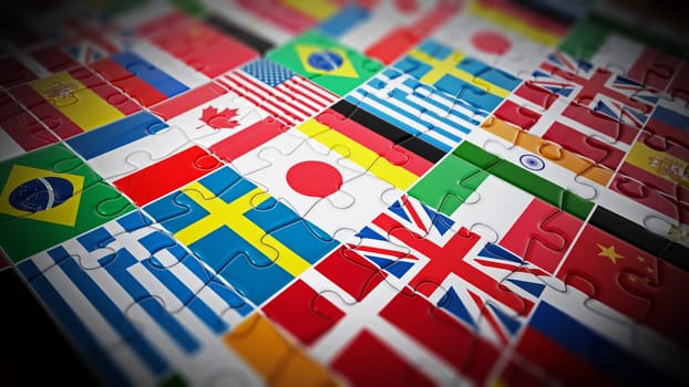 Country flags on jigsaw puzzle pieces. 3D illustration.