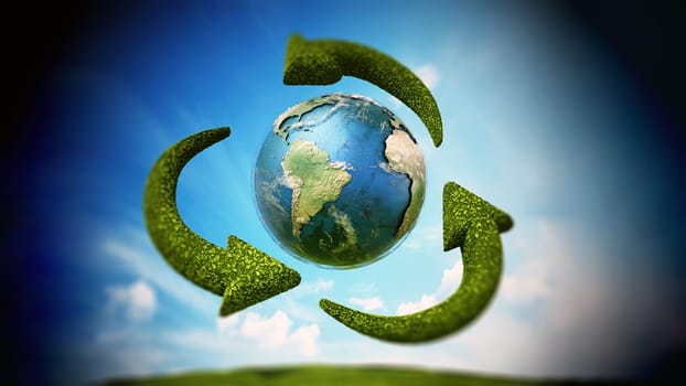 Turning green arrows around the earth form recycling symbol. 3D illustration.