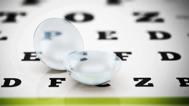 Set of optical lenses standing on eye test chart. 3D illustration.