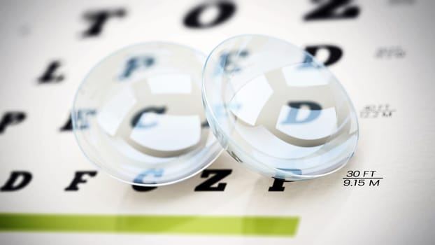 Set of optical lenses standing on eye test chart. 3D illustration.
