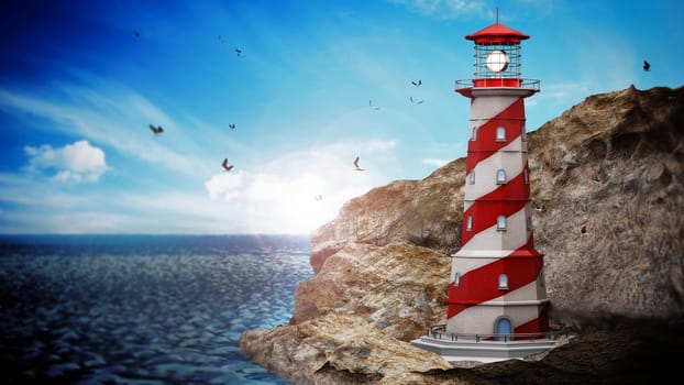 Generic lighthouse on a cliff near the sea. 3D illustration.