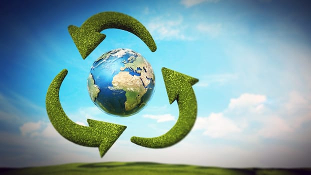 Turning green arrows around the earth form recycling symbol. 3D illustration.