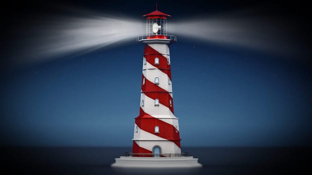 Generic lighthouse emitting light on dark night background. 3D illustration.