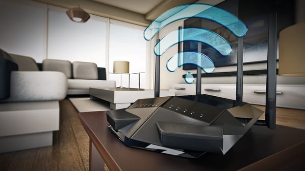 High speed wireless router, modem or range extender inside a modern room. 3D illustration.