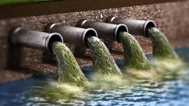 Dirty water pouring into the water from sewer pipes. 3D illustration.