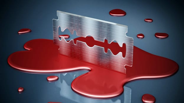 Razor blade on blood droppings. 3D illustration.