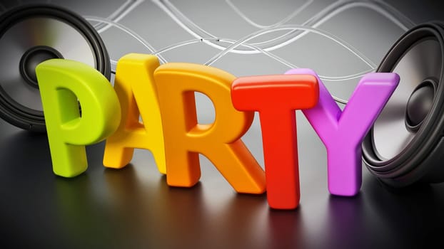 Colorful party text and round loudspeakers. 3D illustration.