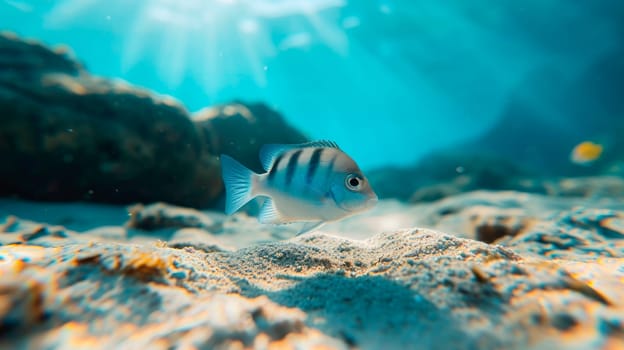 Single beautiful tropical fish in shallow water of coral reef . AI generated