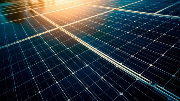 Solar panels on the roof reflect the sunset sun, clean energy, alternative energy. AI generated
