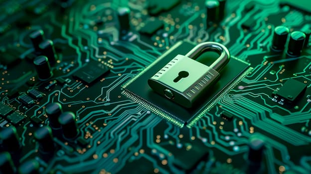 Computer security concept. Padlock on green computer circuit board. AI generated