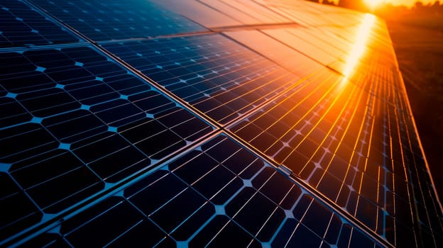 Solar panels reflect the sunset sun, clean energy, alternative energy. AI generated