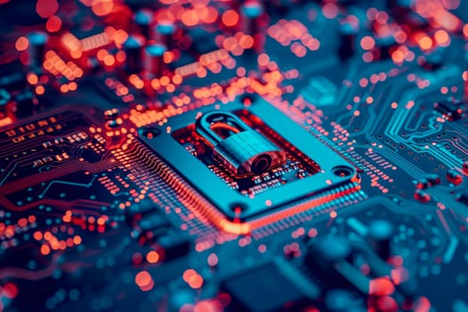 The padlock on a motherboard background. Concept software, application, data and computer security. Save access guaranty. AI generated