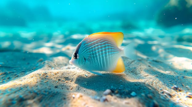 Beautiful tropical fish in shallow water of coral reef . AI generated