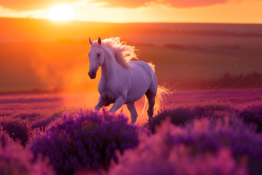 A beautiful horse galloping across a lavender field at sunset. AI generated