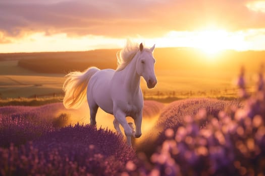 Beautiful horse running in lavender field at sunset. AI generated